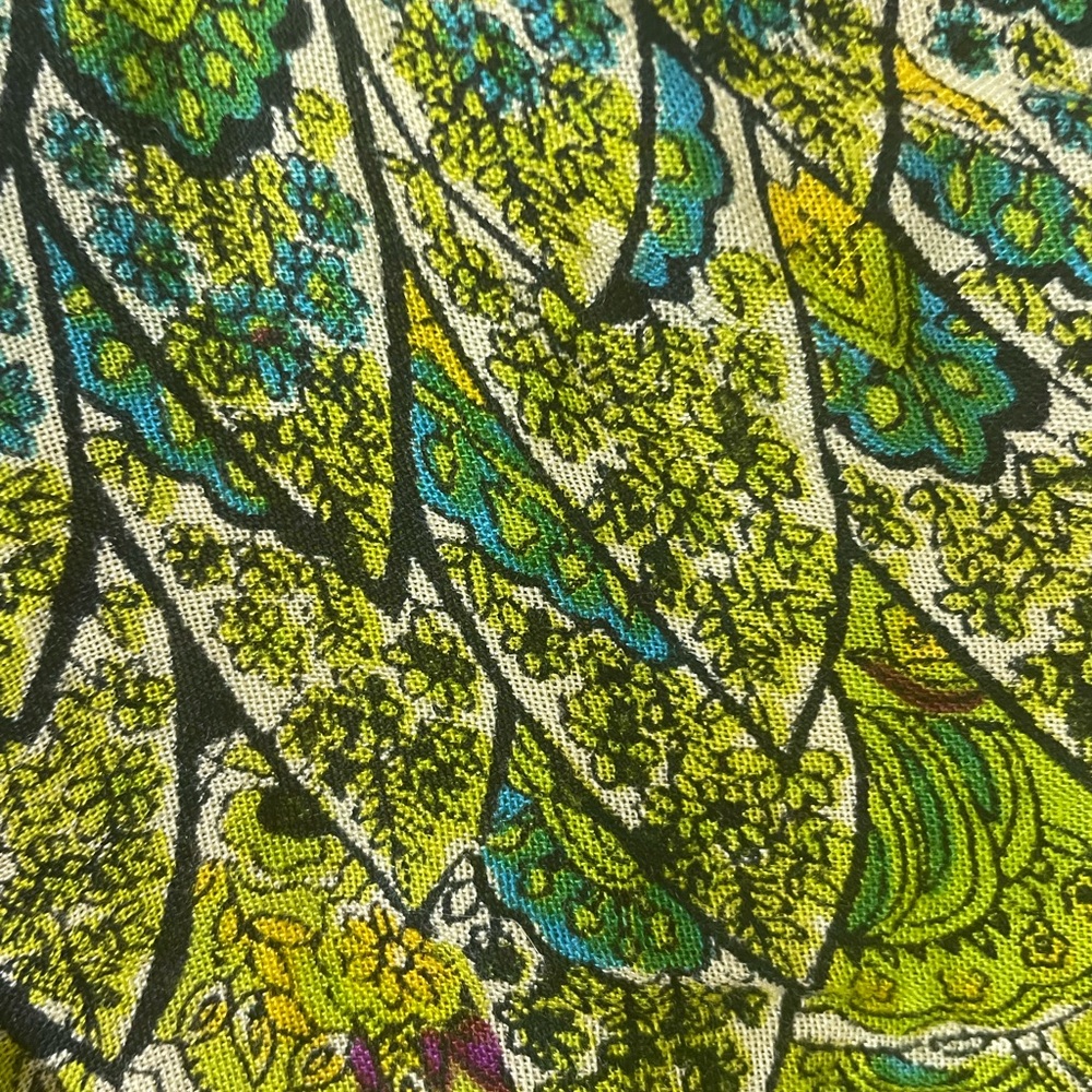 Pheobe Buffay‎ Style Green Peacock Print Top Split Tie Bell Sleeve L Boho Rayon - Picture 4 of 5